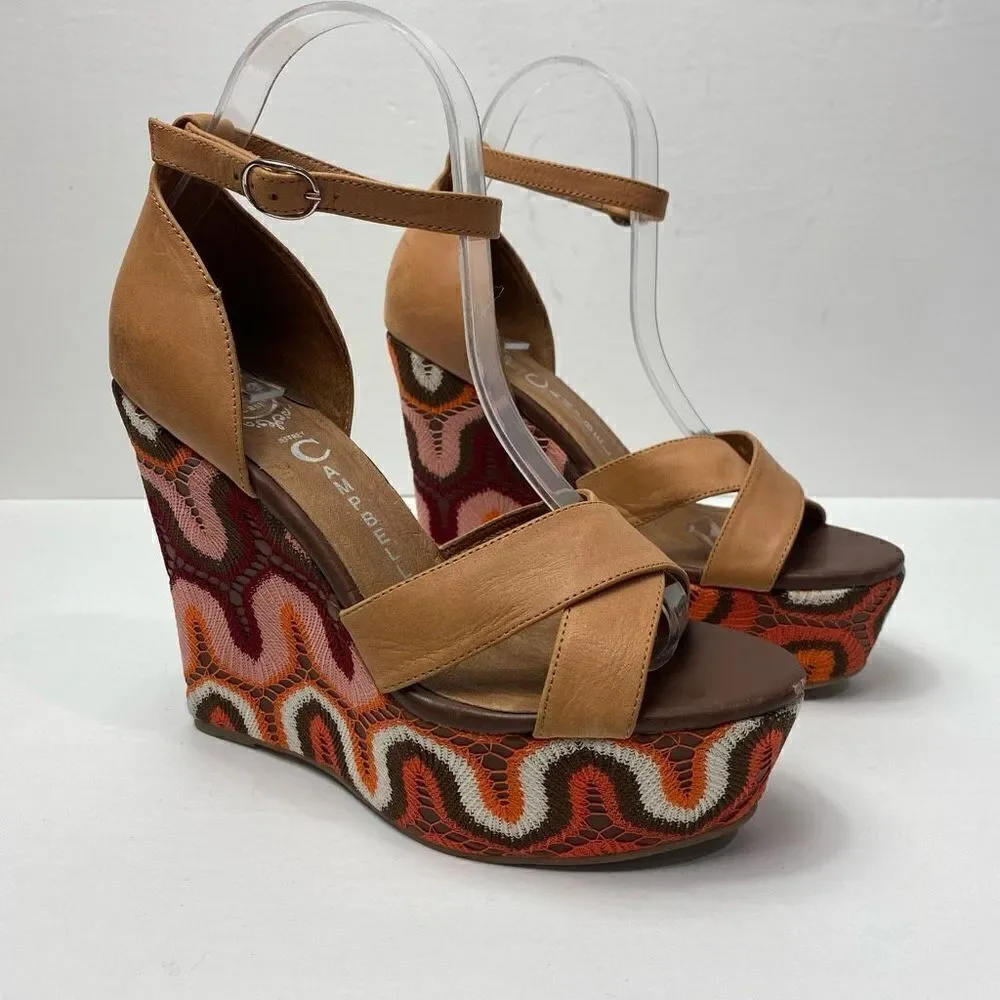 JEFFREY CAMPBELL BRADSHAW NUDE BOHO CHEVRON WOMEN'S WEDGE SANDAL 70s Size 8